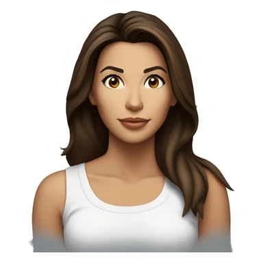 3/4 face, contrasted, shadow, light, Eva Longoria expression, standing from a distance, thin nose, brunette woman, hazel eyes, long eyelashes, dark shoulder shaded hair, white t-shirt, jeans, white sneakers sticker