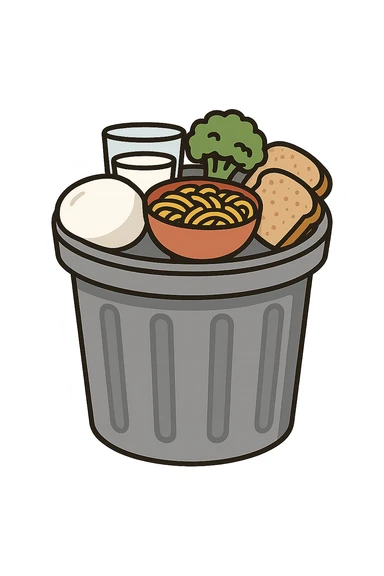 SECCHIO DELLA SPAZZATURA DENTRO CUI CADE UNA MOZZARELLA, UN BICCHIERE DI LATTE, UNA BOWL DI PASTA, QUALCHE BROCCOLO, QUALCHE FETTINA DI PANE sticker