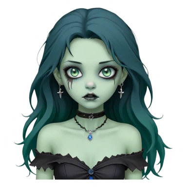 a soft, doll-like zombie girl with light sage green skin and big blue-green eyes, long black hair that swoops gently at the ends, a tiny silver nose stud and a delicate eyebrow piercing on the left side. she’s wearing an off-the-shoulder black top that shows her collarbones, sticker