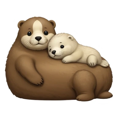 tiny white seal laying on a big brown bear’s belly sticker