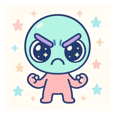 cute cartoon alien showing anger, big expressive eyes, vibrant colors, exaggerated angry face, small body, playful style sticker