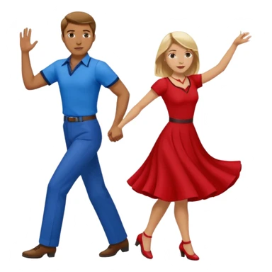 Two people. Man wearing all  RED with brown hair. Women  ALL blue with blond hair. Swing Dancing.  sticker