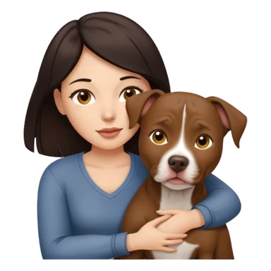 A woman with dark hair and brown eyes is hugging a ball over brown pitbull femail dog with golden eyes with cropped ears  sticker