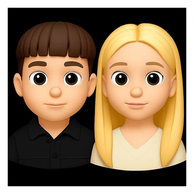 Create 3D emojis of a boy and a girl with large eyes in a cartoonish 3D style, neutral facial expressions, matching the style of the provided examples. sticker