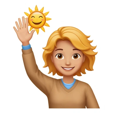 a person waving and saying good morning, sun rising in background, cheerful and friendly sticker