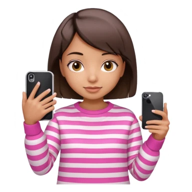 Emoji of a cute 3D girl with short dark brown bob hairstyle, wearing a pink and white striped sweatshirt. She is holding a phone and taking a selfie, white background.

 sticker