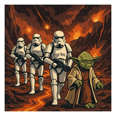 vector art of a Starwars stormtroopers is walking on lava planet with yoda, battleground background 
 sticker