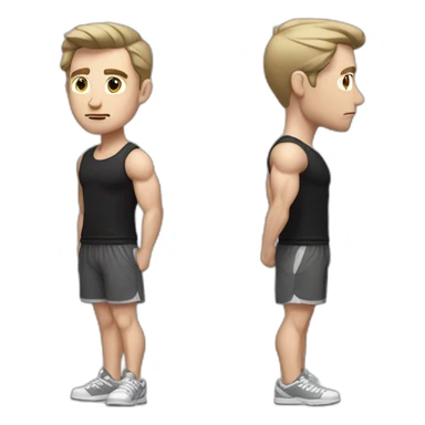 Confused Pale skinned Fit Man With the biceps and dark brown hair in black shirt, gray sports shorts and white Sneakers sticker