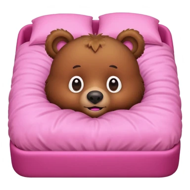 A brown bear in a pink bed, upside down and looking at the viewer with a quirky expression. sticker
