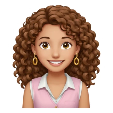 chica un poco morena (no demasiado), pelo rizado largo, sonriendo, con ojos grandes y marrones con camisa rosa palo y un chaleco blanco y aretes dorados en forma de circulo en sus orejas  sticker