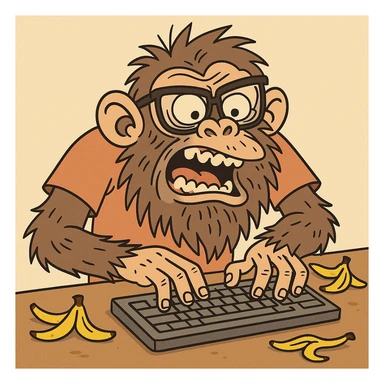 ugly coding ape, wild beard, typing frantically, oversized glasses, banana peels on desk, silly, comic style sticker