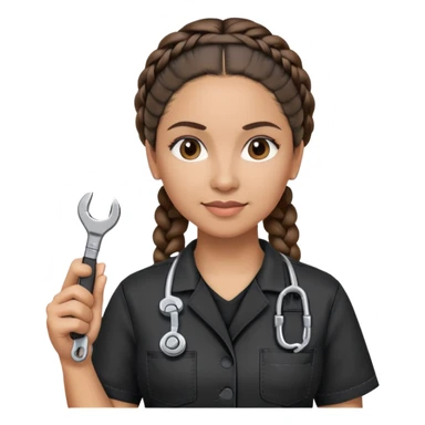 A 40-year-old Latina woman with light brown skin, working as a car mechanic, wearing all black mechanic scrubs, with two braids pulled back from her head sticker