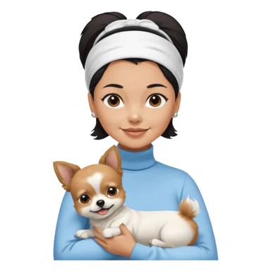 tan skin woman, with short black hair in a slicked back ponytail with forehead showing, with white headband, wearing solid pastel blue turtleneck shirt, smiling carrying dark brown-white furry fuzzy chihuahua pomeranian dog sticker