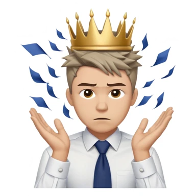 Gender: Male Hair: Ash-brown undercut with messy crown spikes Face: Deep frown lines, sweat waterfall cascading from temple Clothes: Crumpled white dress shirt with loosened tie (navy blue) Action: Both hands gripping hair, papers flying around head、 sticker
