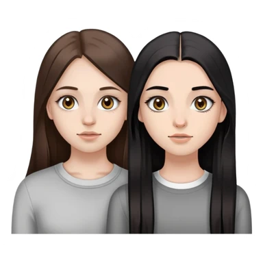two girls one of them is brunette with light make up straight long brown hair  and heterochromia and braces and the other one has long black hair grey eyes nostrill and septum piercing  and she has a baddie make up sticker