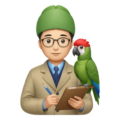 Middle-aged asian male vet – glasses, coat, writing notes on clipboard with parot on head sticker