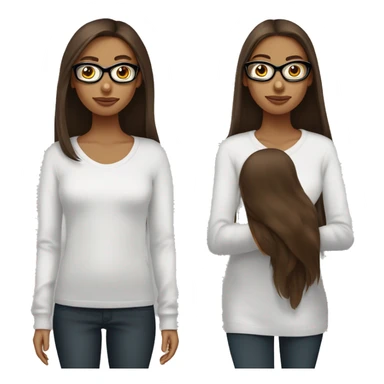 une fille avec de long cheveux noir lisse , des yeux marron , et avec des lunette (en forme de carrer un peu déformé) assez grosse comparer a ça tête , portant un pull blanc sticker