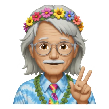 elderly man with long grey hair, glasses, peace sign necklace, tie-dye clothing, flower crown sticker