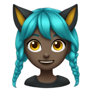 A girl with a funny face, blue cyan hair, black wolf ear, black demon little horns, yellow cat eyes sticker