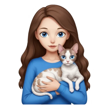 beautiful skinny girl with long brown hair and blue eyes in dark long sleeve is holding a devon rex white cat with blue eyes. the colors of cat’s and girl’s eyes are the same.  sticker