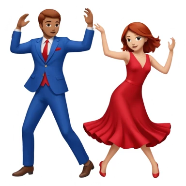Two people dancing one wearing red and one wearing blue. Brown hair and red hair sticker