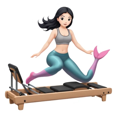 Create a Pilates emoji: a girl with fair skin and black hair, wearing a grey bra and grey leggings with pink pilates socks, doing  mermaid on a wooden reformer. Make it look at the reformer. Make the colors neutrals. sticker