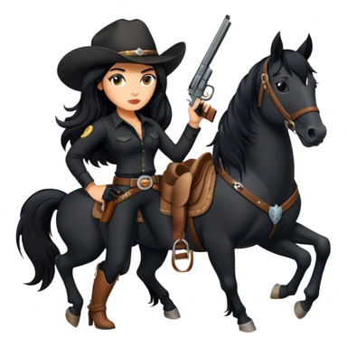 confident hot tanned woman with long black hair cowgirl style wearing black outfit with gun and horse sticker