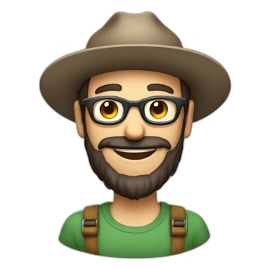 happy smile gardener face long dark beard and very short dark hair round glasses brown eyes and a hat sticker