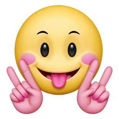 The image is a digital illustration of a yellow smiley face with big, round eyes and a big smile. The face is holding a pink tongue sticking out and making a 67 with its fingers. Above the face, The background is white. Like this but get rid of the text but make the hands do the numbers 67 sticker