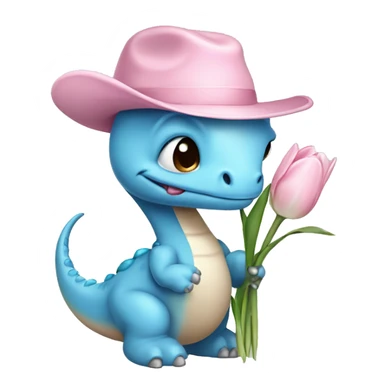 baby blue dinosaur holding white tulips with a small light brown hat on and a pink bow on his neck  sticker