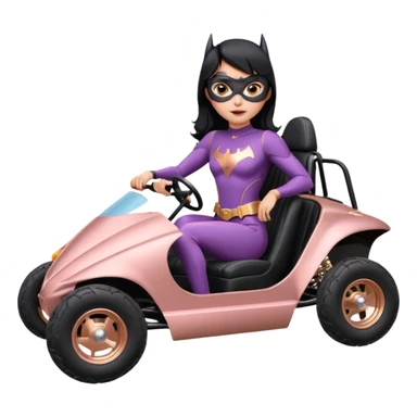Hot full size real-appearance retro electric racing action BatGirl’s feminine midnight-colored tight outfit sixty’s tv show 1992 stealthy retro sporty safe plush petite off-road pursuit cruiser car rose gold accents (black hair,reclined and relaxed torso seating position) go kart  sticker