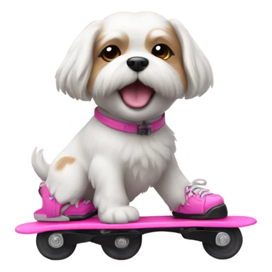 A white shitzu dog riding on a pink rollerblade  sticker