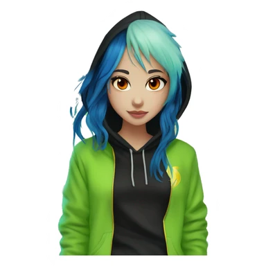 Lady with brunette and iridescent blue hair, gold, lime green dragon wings, black hoodie, bleach dyed, black and gold Nike t shirt, and bright red eyes sticker