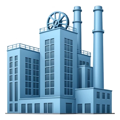 "A minimalist vector icon of a modern manufacturing factory building with a gear symbol above it. Blue and grey color scheme, flat design, white background, simple thick lines, professional business logo style." sticker