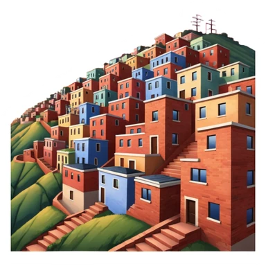 Urban Peruvian hillside neighborhood, brick houses stacked on steep hills, unfinished red brick buildings, colorful painted facades, narrow stairways, electric cables crossing the sky, sunset lighting, realistic style, cinematic, high detail in the desert sticker