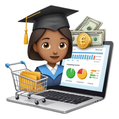 
*"Emoji-style illustration of e-commerce training: a laptop with a shopping cart icon, a graduation cap, and a person teaching online with charts and money symbols."* sticker