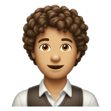 Un garçon brun avec des cheuveux bouclés qui a le stand de the World  sticker