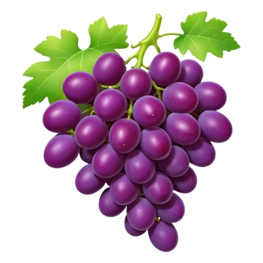 3D iPhone style emoji of a bunch of grapes, plump and shiny, purple color, attached to a small green stem, isolated on white background, soft shadows, high detail, playful and cute. sticker