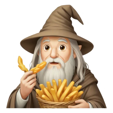 gandalf eating fries, holding a small basket of golden, crispy fries in one hand and a fry in the other. his iconic long white beard and wizard hat are present, with a playful expression as he enjoys the snack. the background is a cozy tavern with warm lighting and a whimsical atmosphere sticker