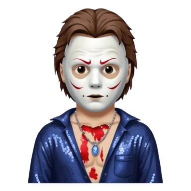 Michael Myers with white mask with brown hair, indigo sequin baggy pants, shirtless with necklace sticker