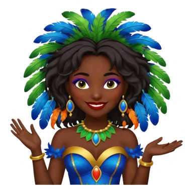 i need the same girl in "dark skin girl, dark red lipstick, nails very beautiful" to be smiling in "carnival mas costume, blue, green and orange preferably, full costume feathers at the back" she is to be smiling, hair should be dark shoulder length, black nail polish on her fingers  sticker