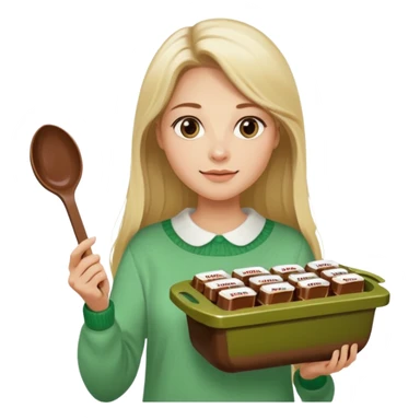 Blond woman with white and green pullover holds in one hand a big carriage of Nutella and in the other hand a oversized spoon which is in the carriage of Nutella. Her hair is long. And the Nutella jar is very big sticker