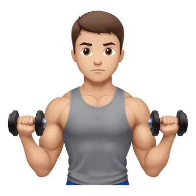 Emoji: A muscular young man with short brown hair, lifting dumbbells or performing a strong workout pose. He wears sportswear, showing determination and strength. The background is simple but gives off a powerful gym or fitness vibe. sticker