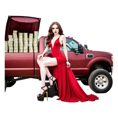 Lilith symbol red eye seductress evil long brown haired sexy succubus woman. Wearing Chanel  long dress with slit, sitting on top of a  giant lifted F350 pickup truck. Black Platform heels on feet. Back of truck full of stacks of cash, sitting behind her is  a human skull with a gun in other hand sticker