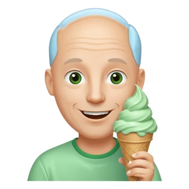 Smiling Bald man with gray eyes tonguing a mint ice cream cone sticker