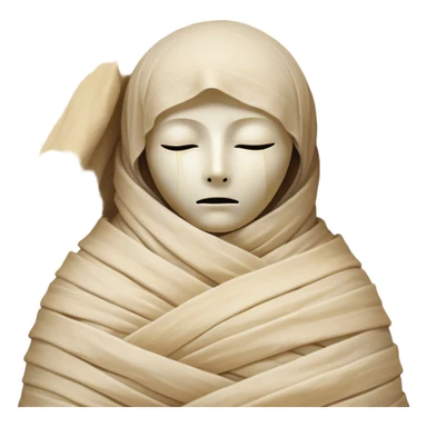 A snug, cozily wrapped mummy, fully encased in soft, slightly loose bandages, even its face gently hidden behind folds with only a tiny glimpse of sleepy eyes, nestled in warm, faded tones with gentle golden accents, simplified yet irresistibly charming, highly detailed with a soft glowing outline capturing the peaceful aura of an ancient being drifting into rest! sticker