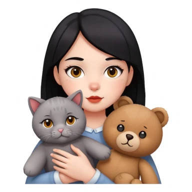 A girl with black eyes, red cheeks, black hair with a white face, holding a British gray cat and a brown teddy bear sticker