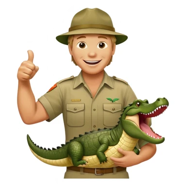 Cinematic Realistic Steve Irwin Portrait Emoji, in his signature khaki attire, holding a crocodile or giving an excited thumbs-up. The scene is lit with vibrant, natural sunlight, emphasizing his adventurous spirit and deep connection to nature. sticker