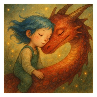A dreamy, ethereal illustration of a young girl peacefully sleeping on the long, curved neck of a red dragon, cheek to cheek. Her blue hair flows gently as if caught in a soft breeze, and she wears delicate green overalls. The dragon’s skin has intricate, painterly textures, glowing subtly under the warm, golden light. Tiny fireflies and soft, ambient light enhance the magical atmosphere. Highly detailed, whimsical, children's book illustration style, with soft yet rich colors, gentle lighting, and a fantasy storytelling feel. Watercolor-like textures, hand-painted aesthetics, cinematic composition. sticker