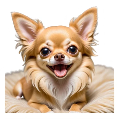 Cinematic Cute Yawning Long Haired Fawn Chihuahua Portrait Emoji, Head tilted slightly with a dramatic, wide-open yawn, flowing long fawn hair with delicate highlights, floppy ears slightly drooping, round dark eyes barely open in drowsy contentment, Simplified yet irresistibly adorable features, highly detailed, glowing with a soft, cozy glow, high shine, relaxed yet expressive, stylized with a touch of whimsy, bright and endearing, soft glowing outline, capturing the essence of a sleepy yet affectionate companion, so drowsy it feels like it could stretch right out of the screen and curl up for a nap! sticker